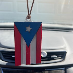 Puerto Rico Flag Car Charm: Wood Rear View Mirror Accessory