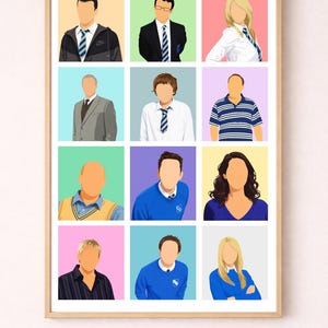 May include: A framed print featuring a grid of stylized portraits. Each portrait depicts a person from the chest up, with simplified features and solid color backgrounds. The subjects are wearing various outfits, including suits, sweaters, and collared shirts.