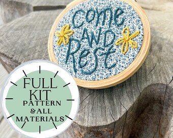 Come and Rest | DIY Hand Embroidery Complete kit | Matthew 11 | Vintage Fabric Beechwood Hoop Floss Needle | Learn to Embroider |