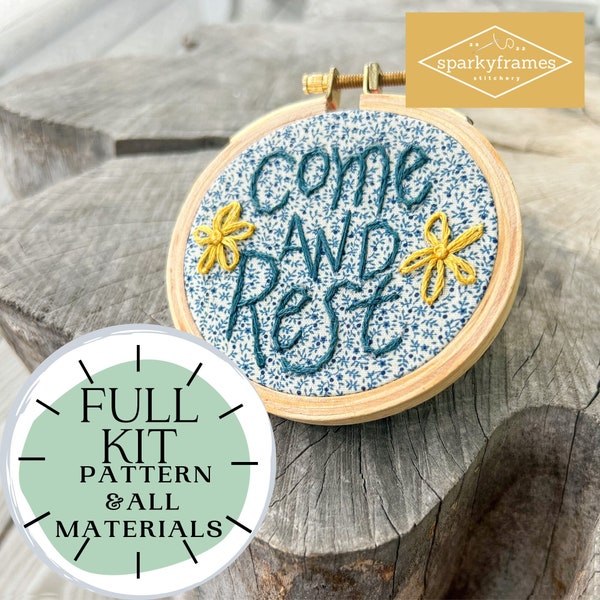 Come and Rest | DIY Hand Embroidery Complete kit | Matthew 11 | Vintage Fabric Beechwood Hoop Floss Needle | Learn to Embroider |