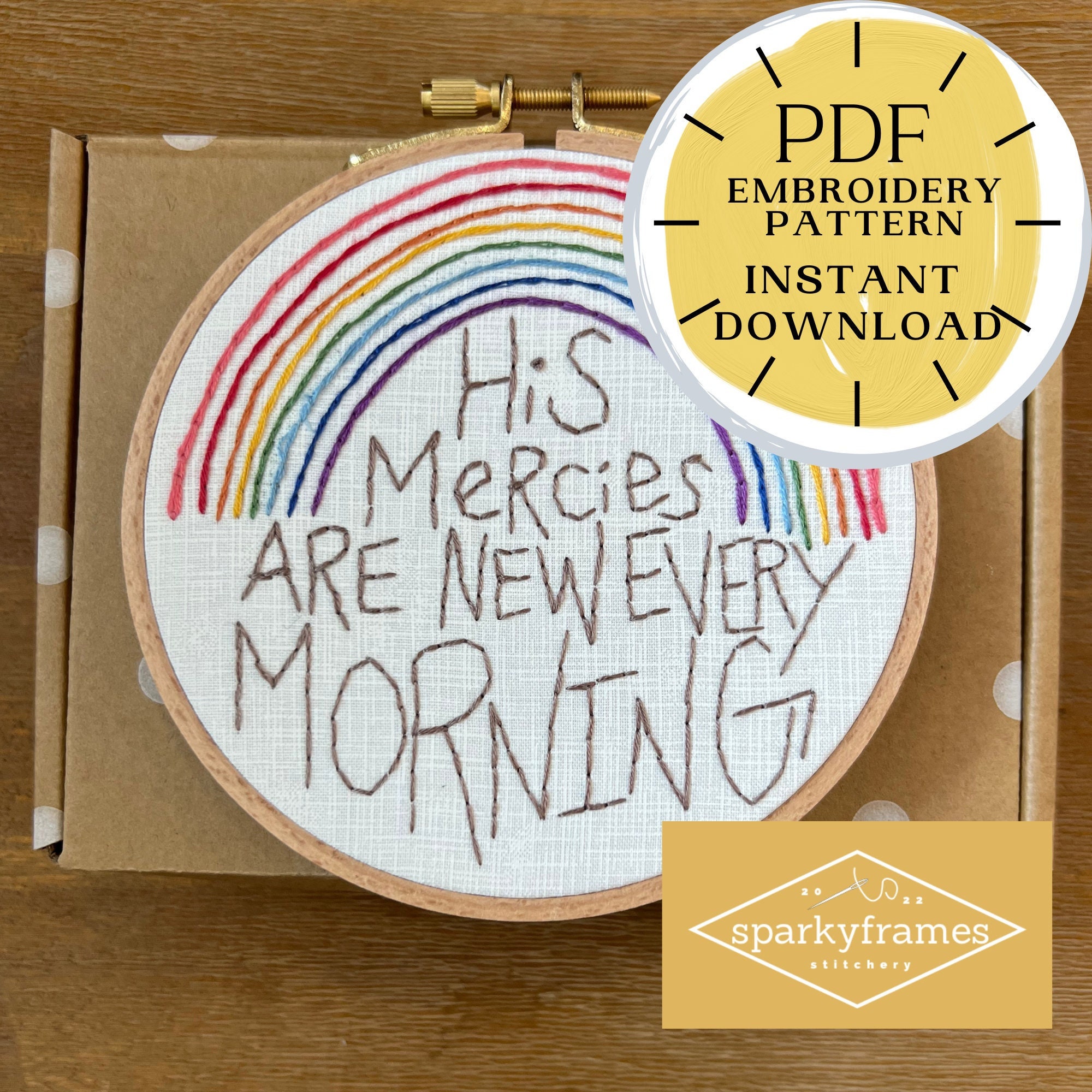 Handstickerei Regenbogen | DIY-Muster PDF | Seine Barmherzigkeit sind jeden Morgen neu | Bibelvers | Erhebendes Geschenk Christliche Kunst | Nähen lernen