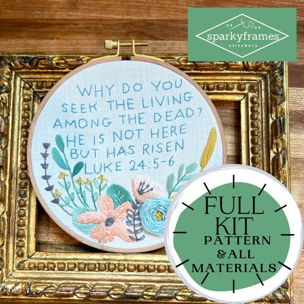 Easter | DIY Hand Embroidery FULL kit | He is Not Here | He Is Risen | Luke 24 | Beechwood Hoop | Learn to Stitch | Gift | Holy Week Passion