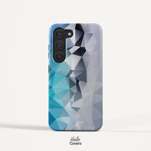 Samsung Galaxy S25 Plus用電話ケース。幾何学模様のクールなブルー＆グレーのポリゴン抽象アートカバー（S25、S24、S23用） - ミニマリストなローポリデザイン
