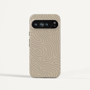 Étui pour téléphone Google Pixel 9a | Couverture minimaliste de dessin au trait topographique | Esthétique neutre de ton de terre | Cas de conception de carte de terrain