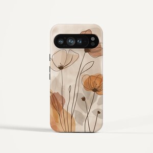Custodia per telefono con motivo floreale Line Art per Pixel / Custodia estetica con motivo a fiori selvatici in terracotta / Design botanico nei toni della terra / Custodia minimalista Boho Nature