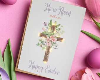 Easter Light Up LED Card Personalized︱ Custom Easter Card with Cross, Flowers, and Eggs︱Pink/Purple Handmade Unique Christian Easter Card