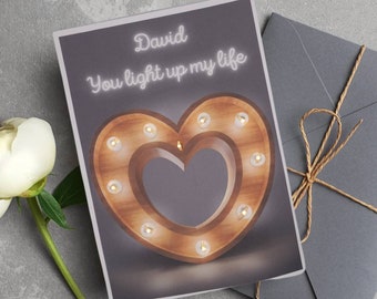 Heart Lightbulb personaliseert Light Up LED-wenskaart - jubileum- of huwelijkskaart voor vriend / vriendin / man / vrouw - handgemaakte kaart