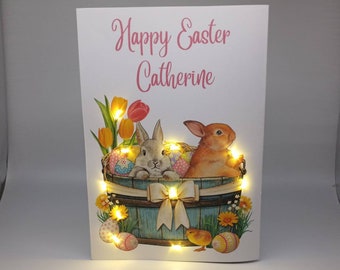 Easter Bunny Light Up LED Personalize Card︱ Custom Card with Easter Basket, Rabbits, Eggs and Chick︱Handmade Unique Easter Card with Name