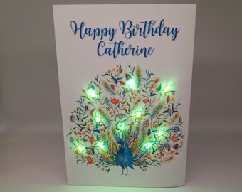Peacock Light Up LED Personalize Birthday Card︱ Beautiful Peacock Birthday Card︱Handmade Unique Birthday Card for Peacock and Bird Lovers