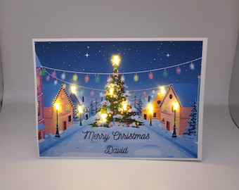 Weihnachtsdorf LED Weihnachtskarte︱Personalisierte handgemachte leuchten Weihnachtsstraßenkarte mit Name︱ Weihnachtskarte für Freunde und Familie