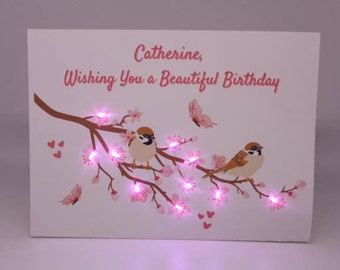 Carte d'anniversaire personnalisée avec fleurs de cerisier lumineuses LED, carte d'anniversaire fleur personnalisée, carte d'anniversaire fleur rose unique faite main avec nom