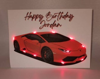 Red Sports Car Light Up LED Personalize Birthday Card︱Red Luxury Automobile Card for Him︱Handmade Unique Birthday Card for Car Enthusiast