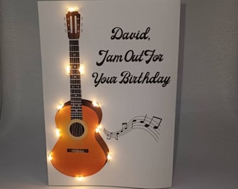 Guitar Light Up LED Personalize Birthday Card︱ Brown Acoustic Guitar Card︱Handmade Unique Birthday Card for Music and Guitar Lover