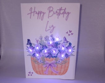 Purple Flowers Light Up LED Personalize Birthday Card︱ Custom Purple Roses Birthday Card︱Handmade Unique Purple Butterflies Card with Name