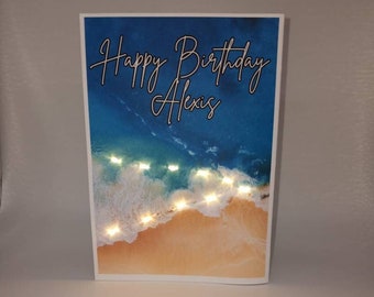 Beach Light Up LED Personalize Birthday Card︱ Glowing Ocean Shore Card︱Handmade Unique Birthday Card for Beach and Summer Lover