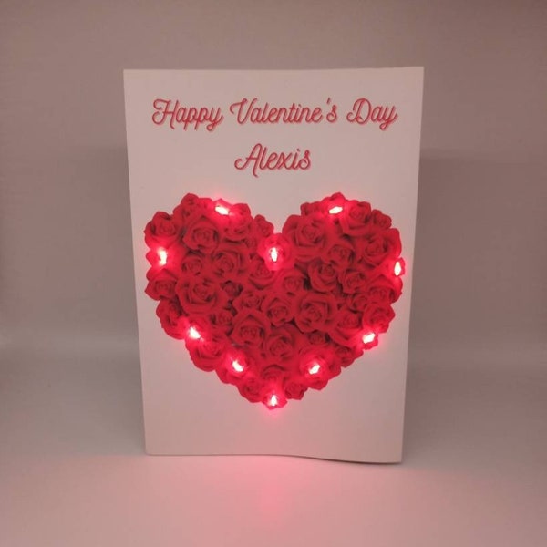Red Roses Light Up LED Valentine's Day Greeting Card︱Custom Handmade Red Roses Card for Wife, Girlfriend, Mom︱Personalized Red Rose Card