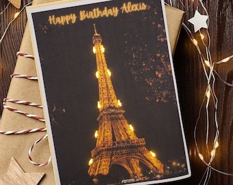 Eiffel Tower Personalize Light Up LED Birthday Card︱ Paris at Night Glowing Card︱Handmade Unique Birthday Card︱Card for Wife, Daughter, Girl