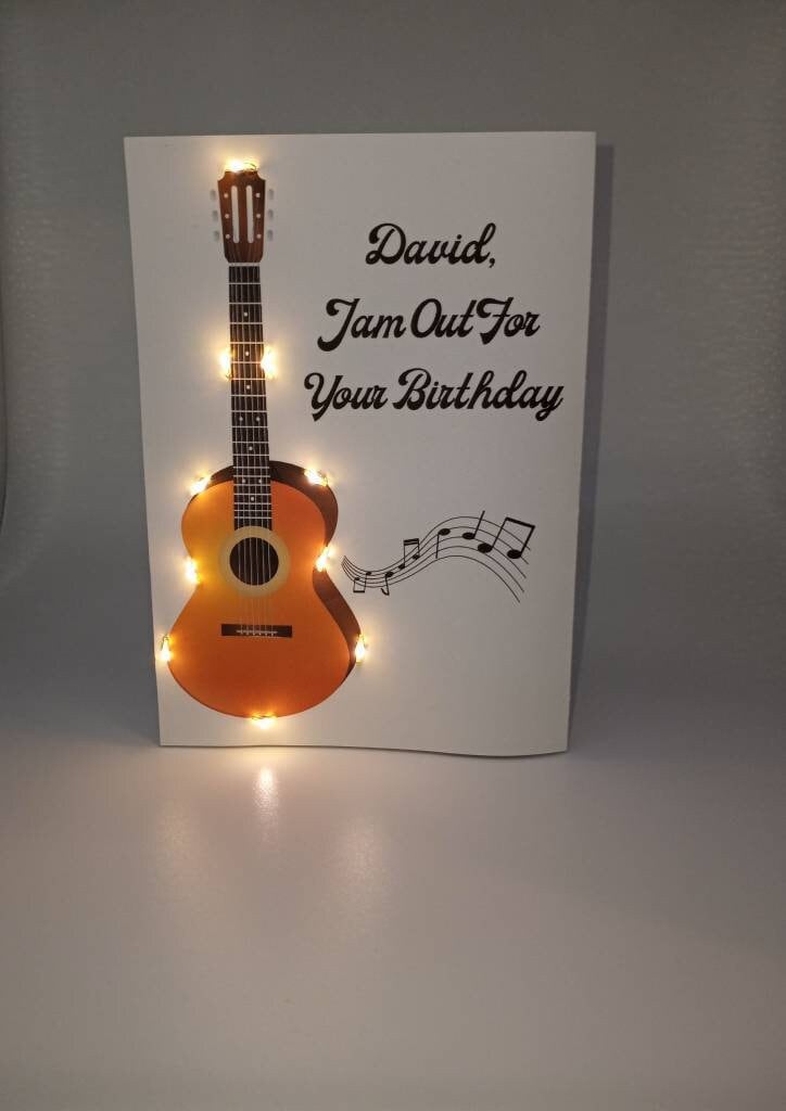 Guitar Light up LED Personalize Birthday Card Brown Acoustic