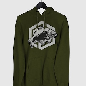 May include: A green hooded sweatshirt with a white outline of a fish inside a hexagon. The fish is a carp.