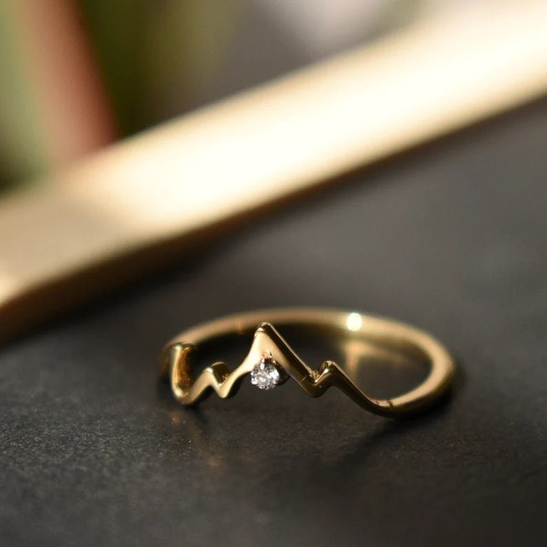 Mountain Proposal Wedding Ring Tiny 14K Gold Moissanite Band Delicate ...