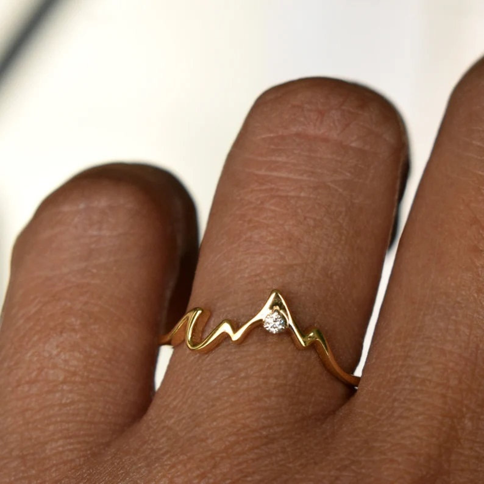 Mountain Proposal Wedding Ring Tiny 14K Gold Moissanite Band Delicate ...