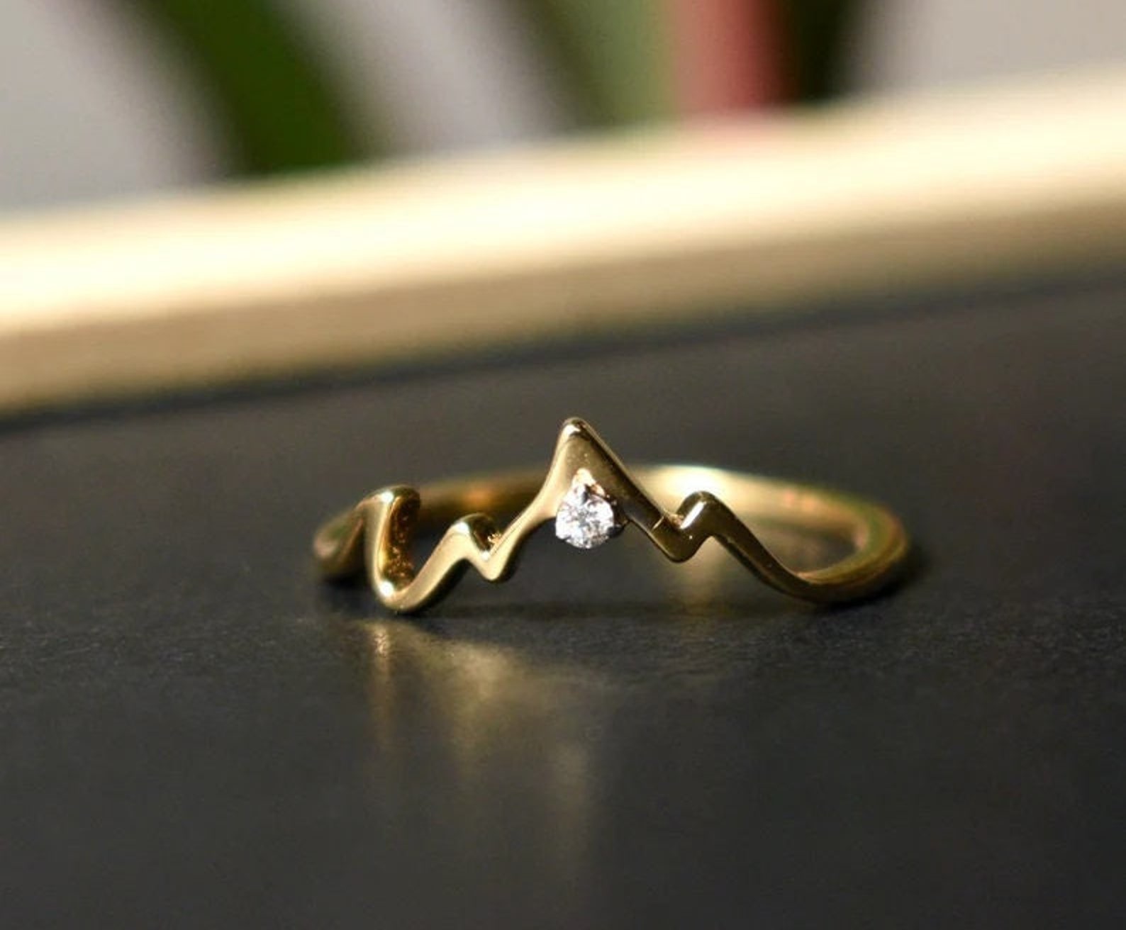 Mountain Proposal Wedding Ring Tiny 14K Gold Moissanite Band Delicate ...