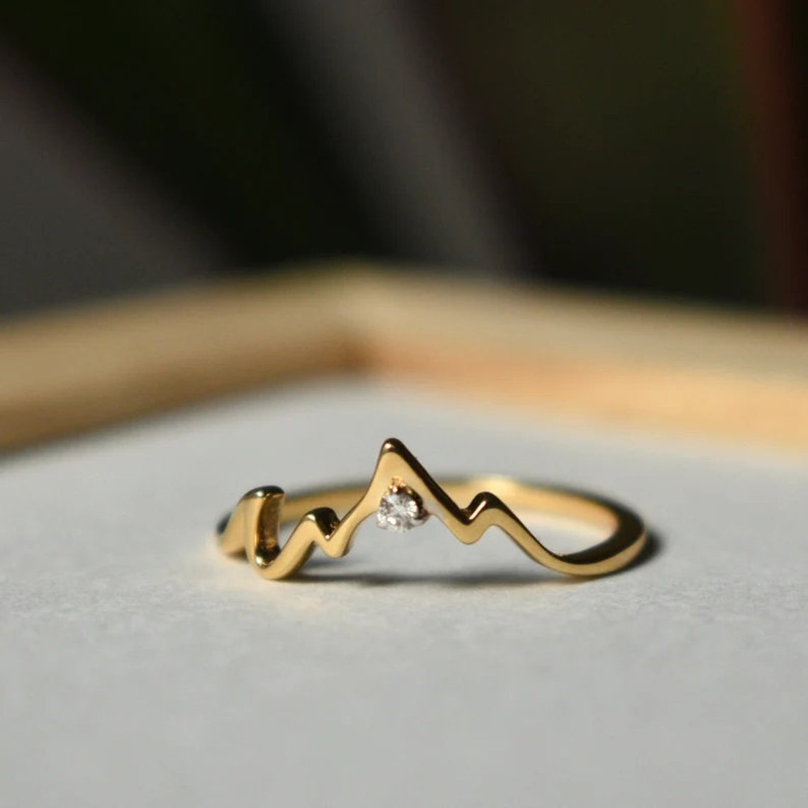 Mountain Proposal Wedding Ring Tiny 14K Gold Moissanite Band Delicate ...