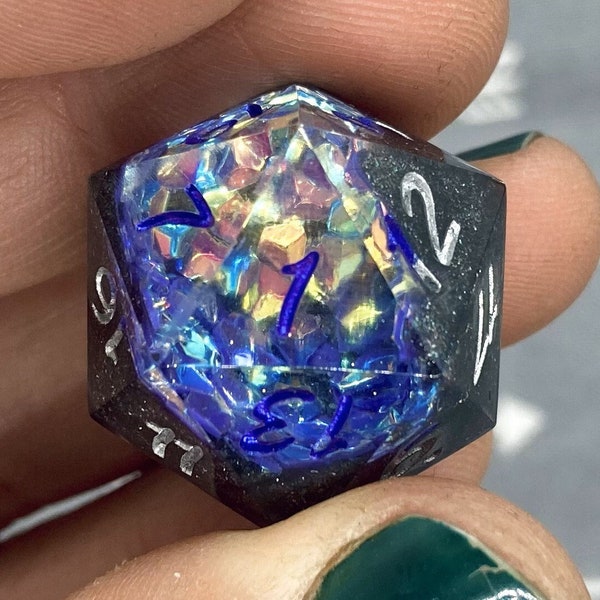 Blue Fire Opal Geode | Single D20 | Solid Sharp Edge DND Dice | Dice Potato | A Grade