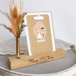 personalisierter Kartenhalter mit Gravur + Blumenvase stilvolle Wohndeko | Geschenk | Trockenblumen | Bilderleiste aus Holz | Hochzeit #058