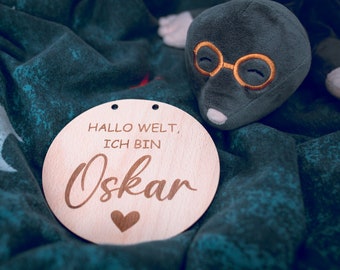 Hallo Welt, ich bin... Holzschild personalisiert - Geburt Baby Geschenk #007