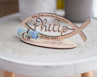 Geldgeschenk Fisch | Taufdeko - Aus Holz mit Namen | Kommunion | Firmung | Konfirmation | Jugendweihe | Jesusfisch | Geldfisch | #049a