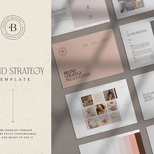 Può includere: Un modello di presentazione della strategia di marca con sfondo beige e testo nero. Il modello include un buyer persona, archetipi di marca e una mood board. Il testo sulla pagina di copertina recita "Modello di strategia di marca".