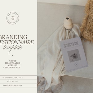 Può includere: Un modello di questionario di branding in formato Adobe Illustrator e PDF modificabile. Il modello è progettato per un cliente e presenta un'estetica semplice e moderna con uno sfondo beige e un'illustrazione in bianco e nero di un fiore.