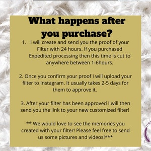 Puede incluir: Un gr&aacute;fico amarillo y blanco con texto negro que explica el proceso de compra y recepci&oacute;n de un filtro de Instagram personalizado. El texto dice "&iquest;Qu&eacute; pasa despu&eacute;s de comprar?" e incluye detalles sobre la creaci&oacute;n, aprobaci&oacute;n y entrega del filtro. El gr&aacute;fico tambi&eacute;n incluye un peque&ntilde;o logotipo con la letra "T" en un c&iacute;rculo.