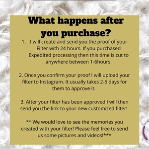 May include: A yellow and white graphic with black text explaining the process of purchasing and receiving a custom Instagram filter. The text reads "What happens after you purchase?" and includes details about the creation, approval, and delivery of the filter. The graphic also includes a small logo with the letter "T" in a circle.