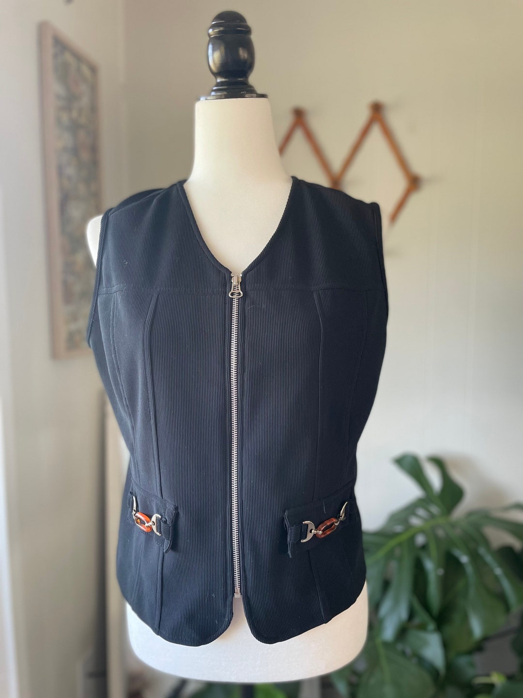 Vintage Womens Vest Black Vest 90s Vest Zipper Womens Etsy