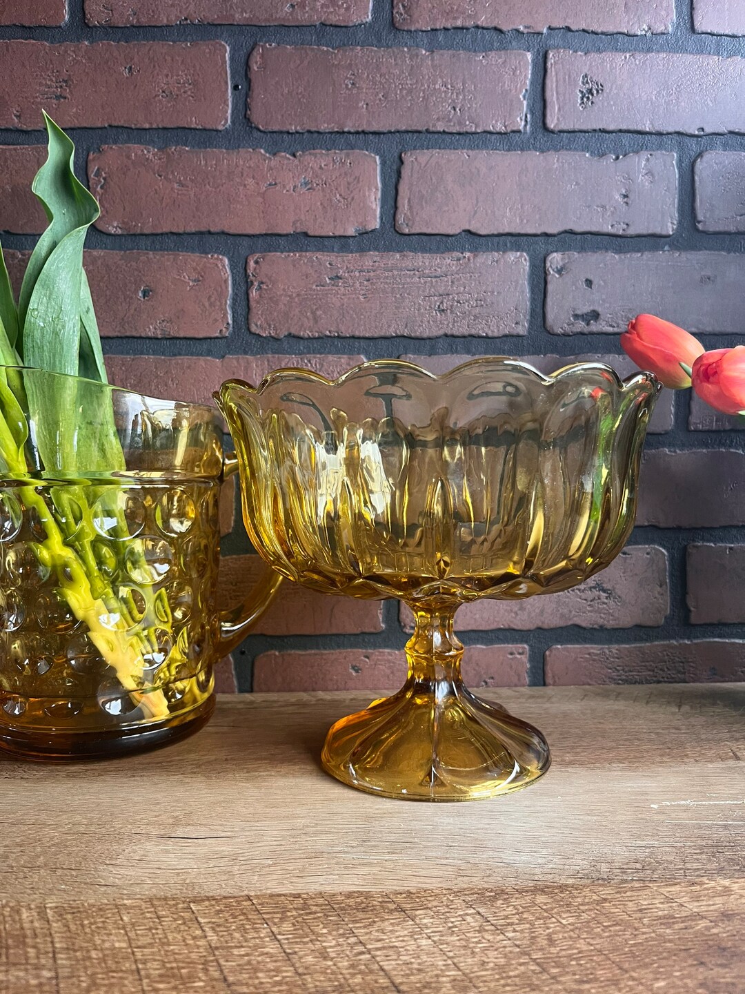 Amber Fruit Bowl Vintage Amber Glass Pedestal Bowl Anchor Etsy