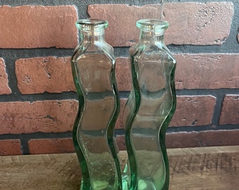 Vintage Squiggle Curved Glass Bottles Vases Green Tint Made in Spain Recycled Glass 9" Set of Two