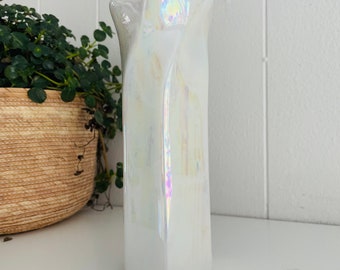 Vintage Retro Iridescent Glass White Vase Pearlescent