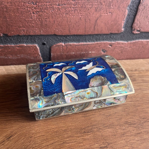 Vintage Abalone Shell Trinket Box Jewelry Palm Trees Butterfly Birds