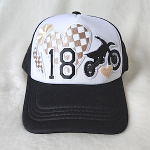 Custom Number Dirt Bike Trucker Hat, Checkered Patch, Moto Mom