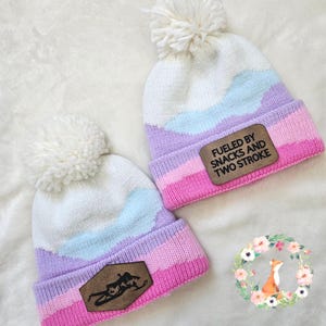 Snowmobile Dirt Bike Leather Patch Pom Beanie, Baby/Toddler Size
