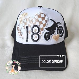 Custom Number Dirt Bike Trucker Hat, Checkered Patch, Moto Mom