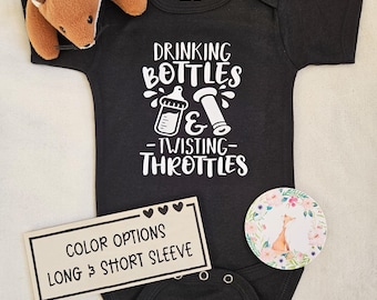 Drinking Bottles and Twisting Throttles Dirt Bike Baby Bodysuit, Baby Shower Gift
