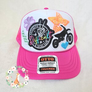 YOUTH Girl Dirt Bike Patch Hat, Expensive Difficult and Talks Back Rainbow Colors