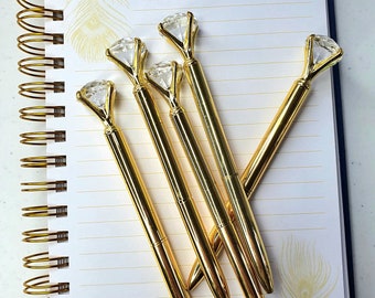 Gold Diamond Pen Metal Metallic Ballpoint, Carat diamond ring, Crystal pen, office, school supplies gift roller ball pen