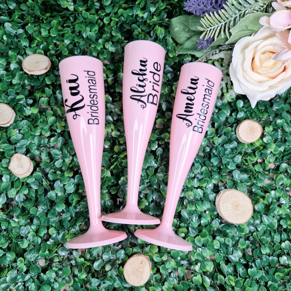 Pink Personalised Champagne Flutes, Champagne Glasses for Party, Great for Hen or Bridal Party and Bridesmaid Proposals, Prosecco flute