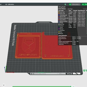 May include: A 3D printing software interface displays a red and orange 3D model of a rectangular object with a logo and text. The software interface shows slicing results, including time and filament usage. The text "Bambu Textured PEI Plate" is visible.