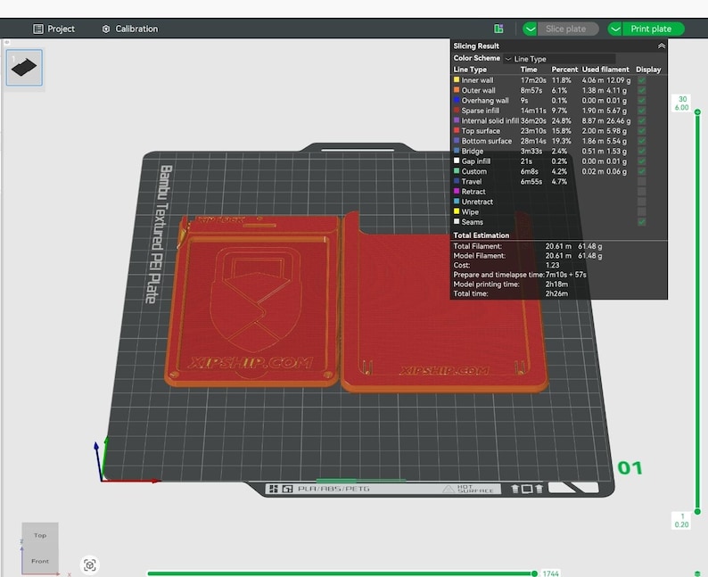 May include: A 3D printing software interface displays a red and orange 3D model of a rectangular object with a logo and text. The software interface shows slicing results, including time and filament usage. The text "Bambu Textured PEI Plate" is visible.