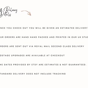 May include: A cream-colored graphic with the text "Order & Delivery Details" in elegant script. Bullet points detail order processing, including hand-packing in the UK studio, Royal Mail delivery, and estimated delivery dates. The text also mentions postage upgrades.